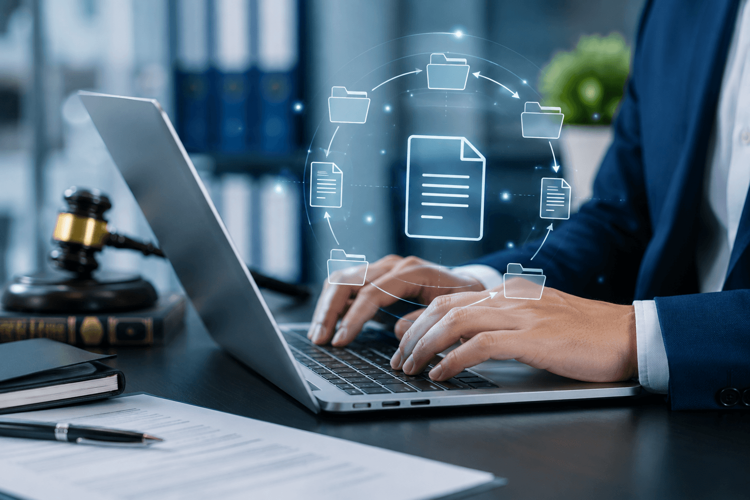 Professional submitting electronic court documents from a legal office