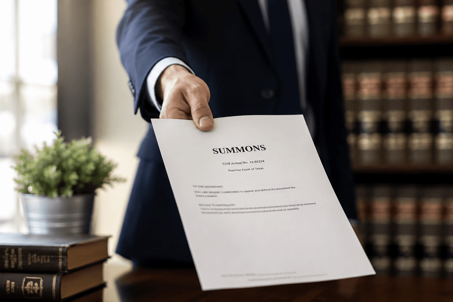 Professional presenting legal service documents in a law office
