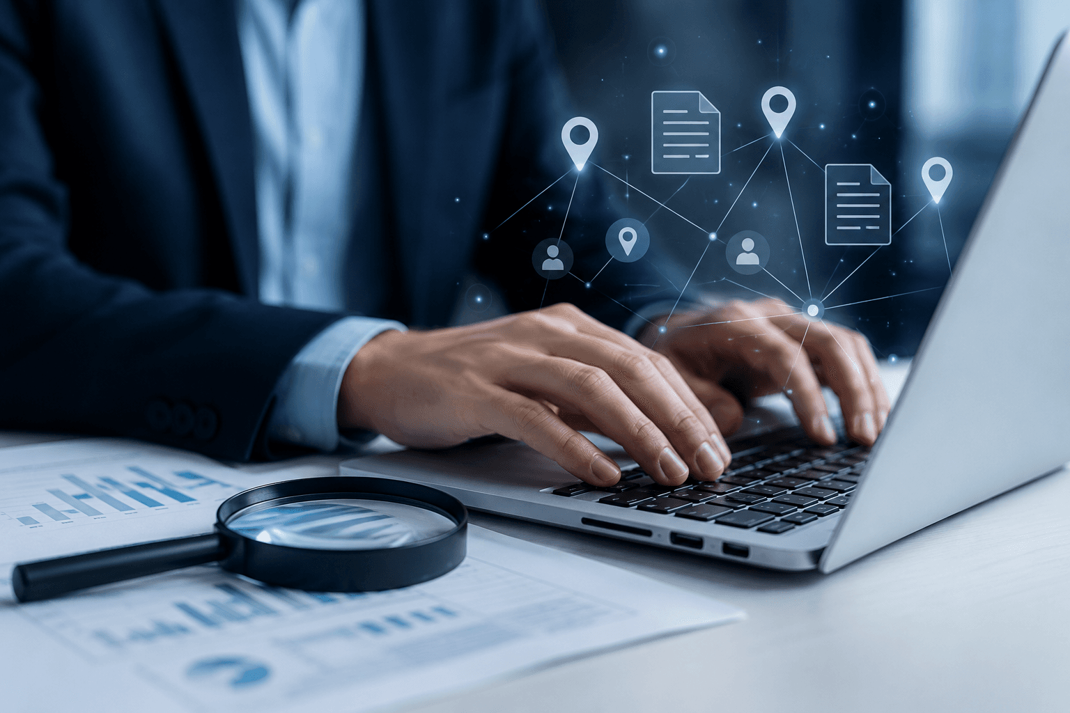 Professional researching location and identity records using digital tools